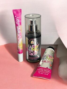 Bath & Body Works HAPPY BIRTHDAY LIP GLOSS, HAND CREAM & FINE MIST Set New!